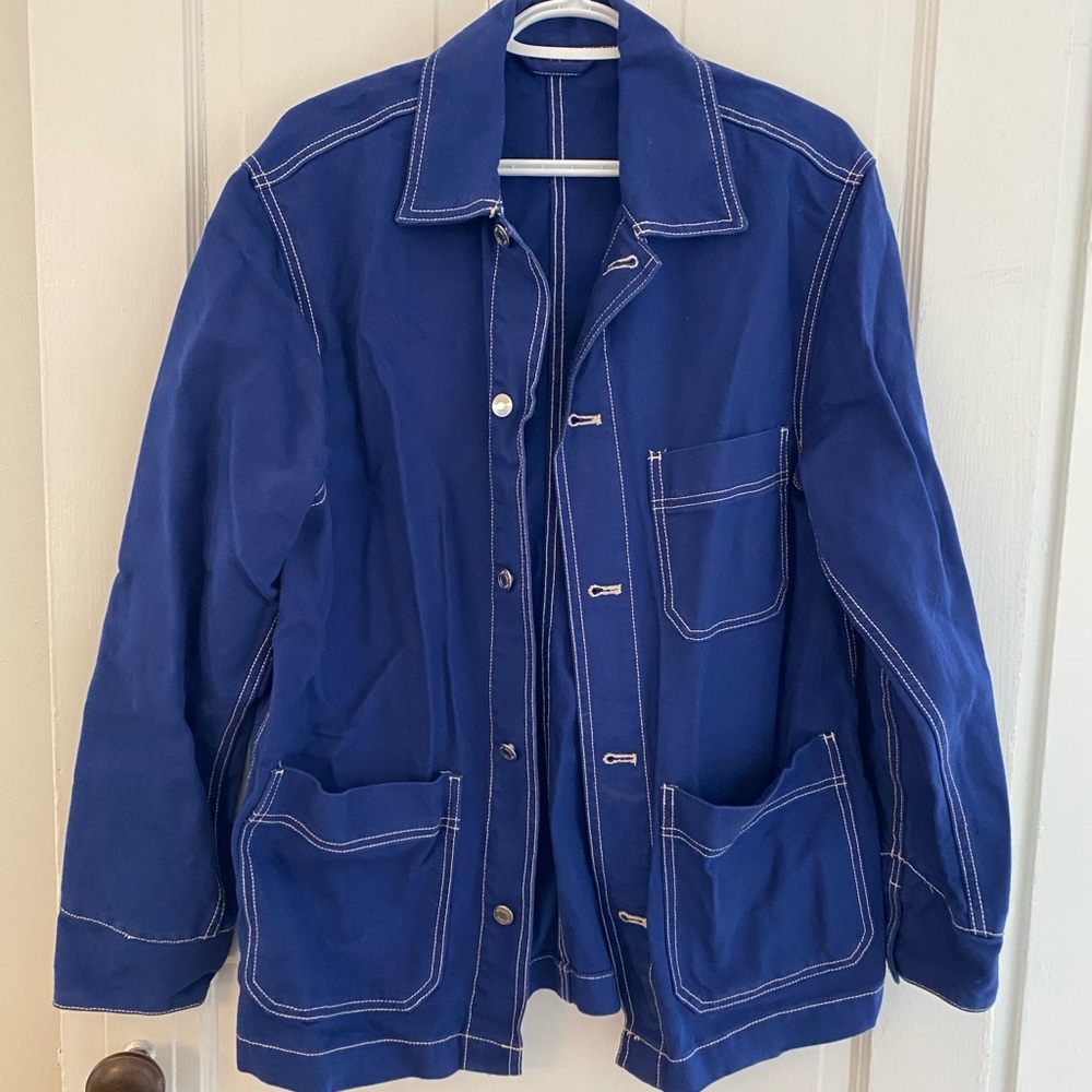 Cotton Canvas Cobalt Blue Workwear Chore Jacket with Contrast Stitching